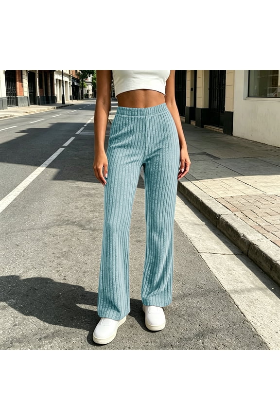 Women's Ribbed Wide Leg Pants High Waisted Elastic Waist Stretch Knit Lounge Pants Pull On Casual Palazzo Pants for Travel Everyday Wear