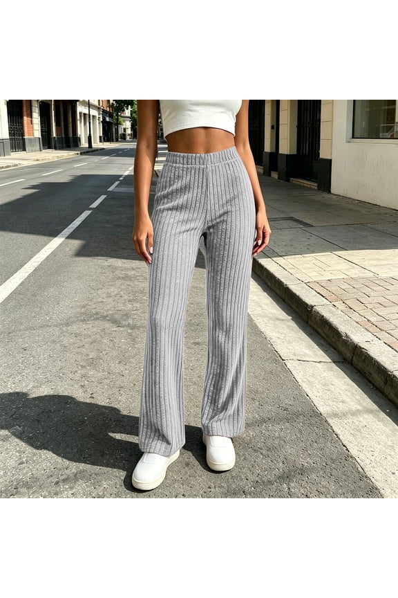 Women's Ribbed Wide Leg Pants High Waisted Elastic Waist Stretch Knit Lounge Pants Pull On Casual Palazzo Pants for Travel Everyday Wear