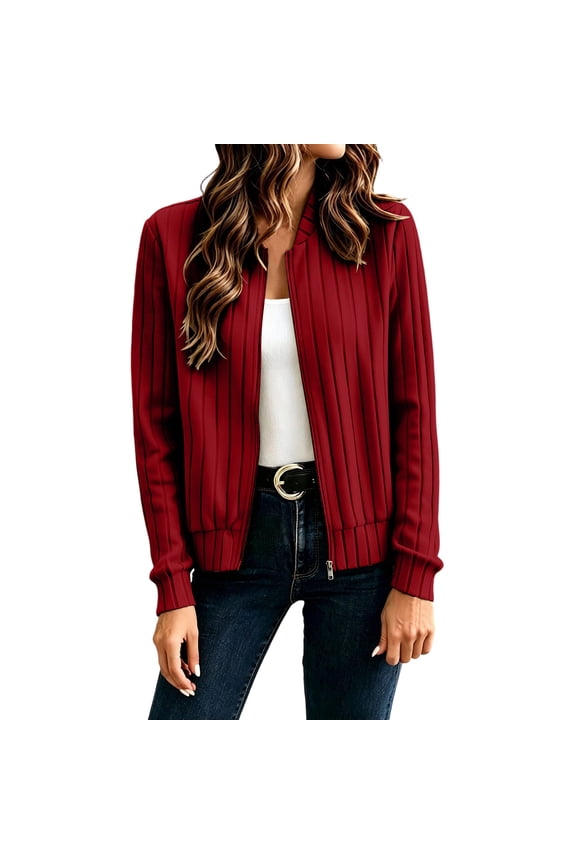 Women's Ribbed Zip Up Jackets Casual Long Sleeve Bomber Jacket Lightweight Stand Collar Fall Spring Outerwear Tops Flattering Everyday Activewear Coats