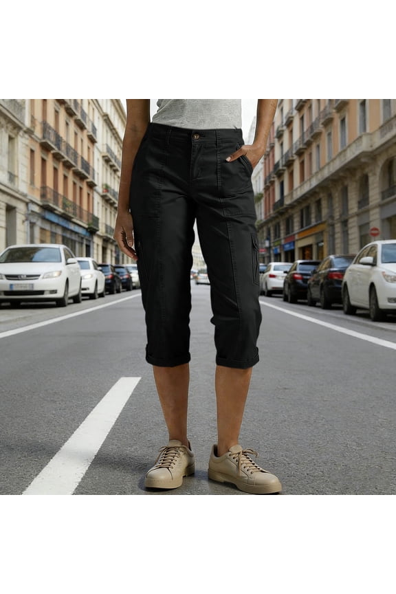 Women's Rolled Cuff Capri Cargo Pants with Multi Pockets, Mid Rise Straight Leg Chino Trousers Casual Outdoor Hiking Pants