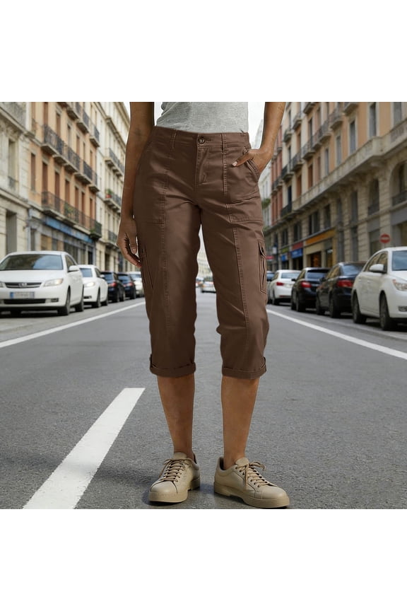 Women's Rolled Cuff Capri Cargo Pants with Multi Pockets, Mid Rise Straight Leg Chino Trousers Casual Outdoor Hiking Pants