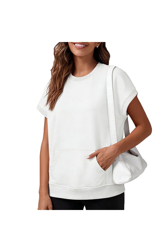 Women's Round Neck Short Sleeve Sweatshirt with Front Pocket, Oversized Fit, Soft Cotton Blend for Comfortable Daily wear