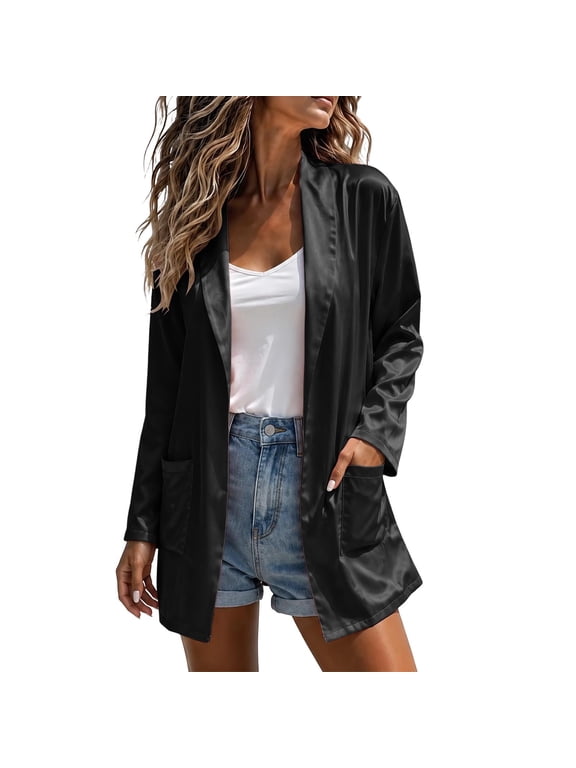 Women's Satin Blazer Jackets Open Front Silky Cardigan with Pockets Lightweight Work Office Formal Fall Outwear Coats