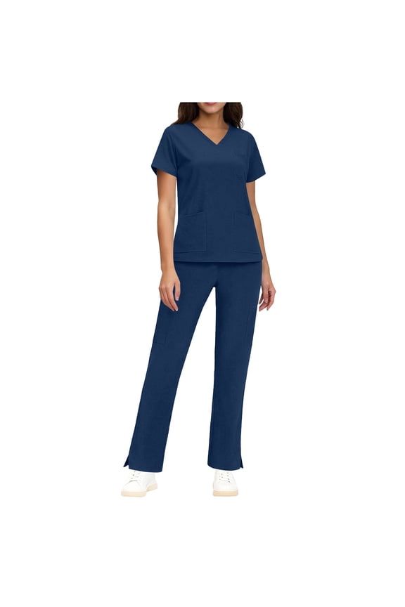 Women's Scrub Sets V Neck Scrub Tops with Wide Leg Split Bottoms Set 2 Piece Comfortable Work Uniform for Nurses and Healthcare Workers