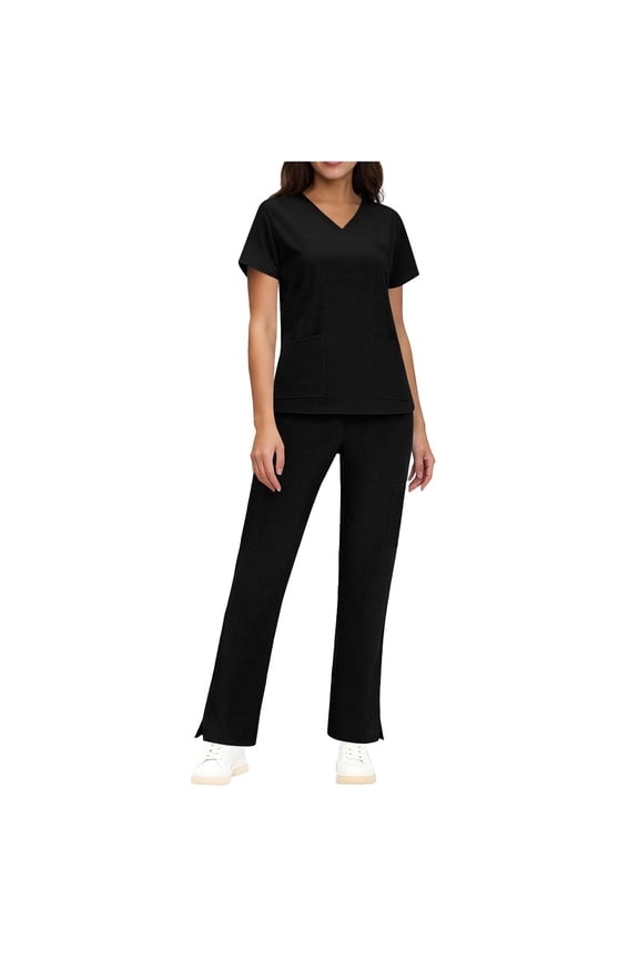 Women's Scrub Sets V Neck Scrub Tops with Wide Leg Split Bottoms Set 2 Piece Comfortable Work Uniform for Nurses and Healthcare Workers