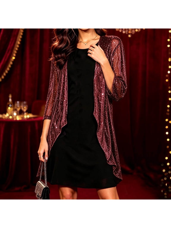 Women's Sequin Cardigans Open Front Long Sleeve Sparkly Evening Party Jacket Lightweight Shrugs Wedding Guest Tops