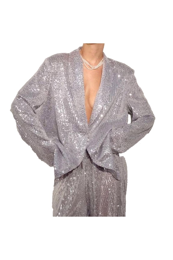 Women's Sequin Suit Jacket Sparkly Holiday Blazer Dressy Cocktail Sport Coat for Party, Prom, Wedding, Evening Events