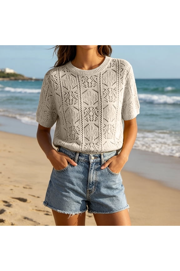 Women's Short Sleeve Knit Top, Summer Casual Crochet Hollow Out Pullover Sweater, Crew Neck Lightweight Textured Blouse for Daily Wear
