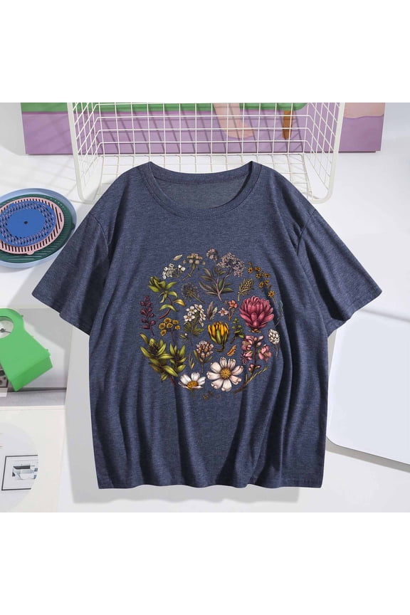 Women's Short Sleeve T-Shirt Botanical Flower Circle Print Lightweight Casual Top Comfortable Summer Fashion Statement