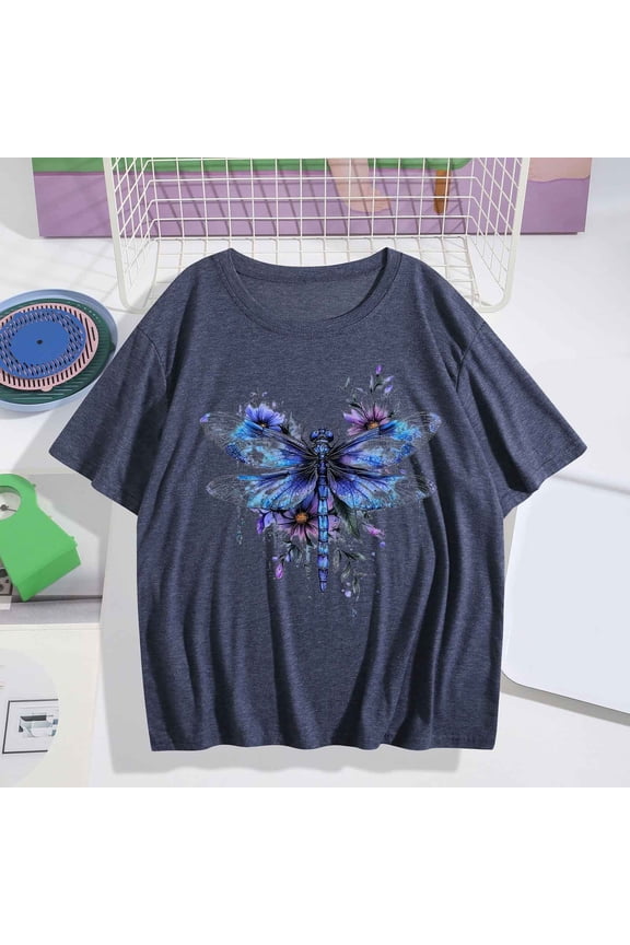 Women's Short Sleeve T-Shirt Dragonfly with Flowers Art Print Soft Relaxed Fit Comfortable Summer Nature-Inspired Fashion Top