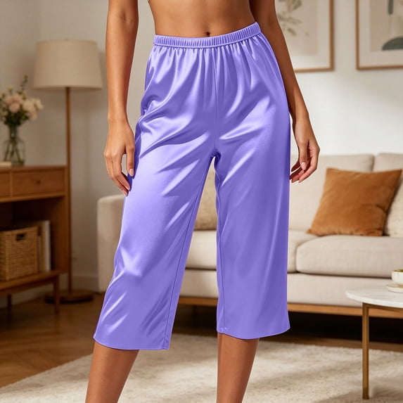 Xdegoge Women's Silky Satin Capri Pants Elastic Waist Wide Leg Lounge Crop Trousers Lightweight Comfortable Summer Casual Wear Flattering Bottoms for Vacation