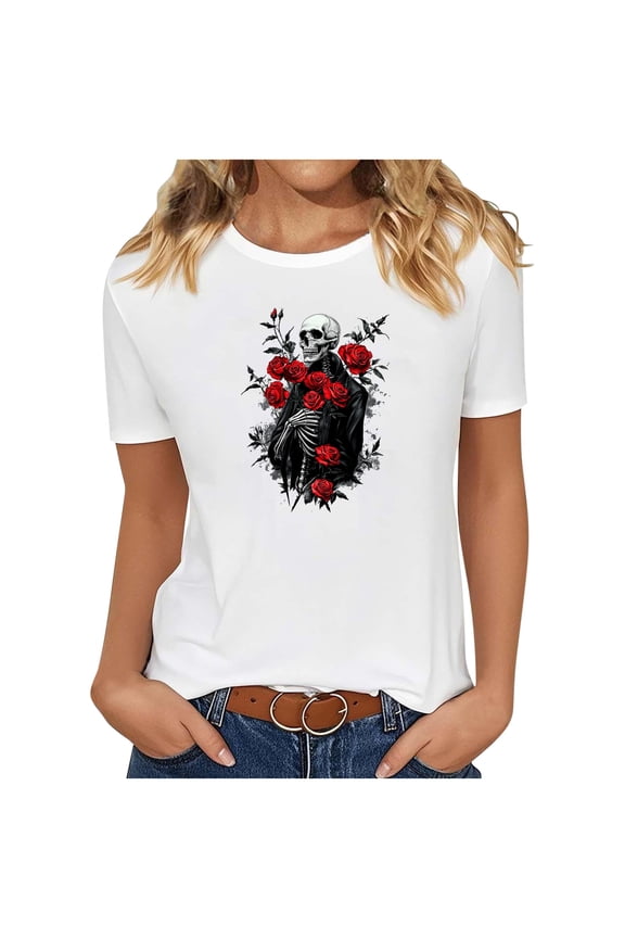 Women's Skeleton Rose Graphic Shirts Vintage Floral Skull Print Tee Casual Crewneck Short Sleeve Halloween Tops Fall Spooky Holiday Gothic Party T-Shirts