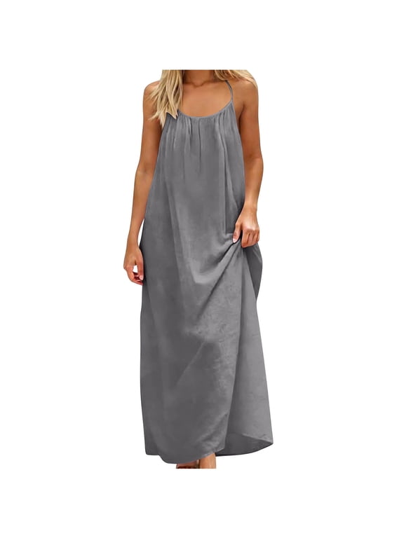 Women's Sleeveless Backless Drawstring Maxi Dress Long Flowing Silhouette Lightweight Linen-Style Summer Beach Vacation Sundress