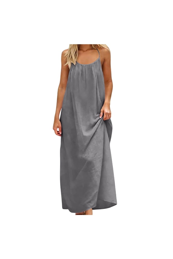 Women's Sleeveless Backless Drawstring Maxi Dress Long Flowing Silhouette Lightweight Linen-Style Summer Beach Vacation Sundress