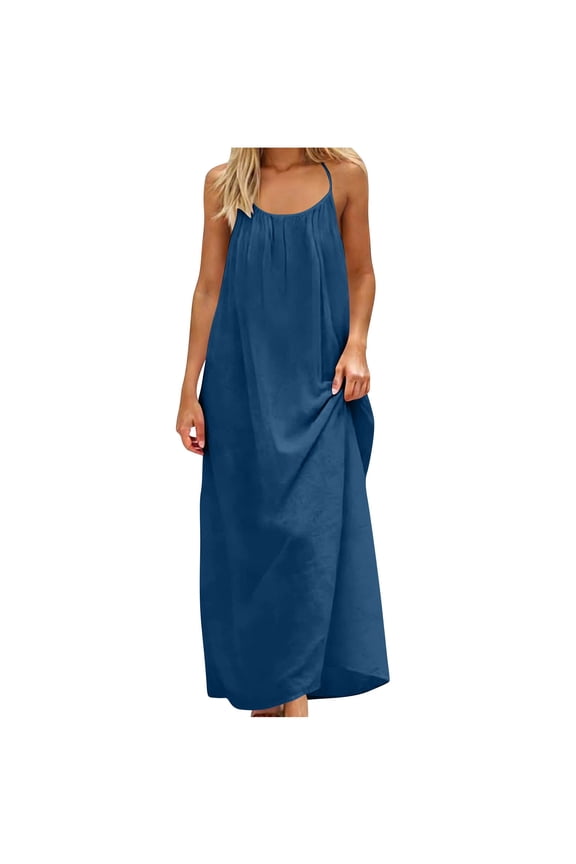 Women's Sleeveless Backless Drawstring Maxi Dress Long Flowing Silhouette Lightweight Linen-Style Summer Beach Vacation Sundress