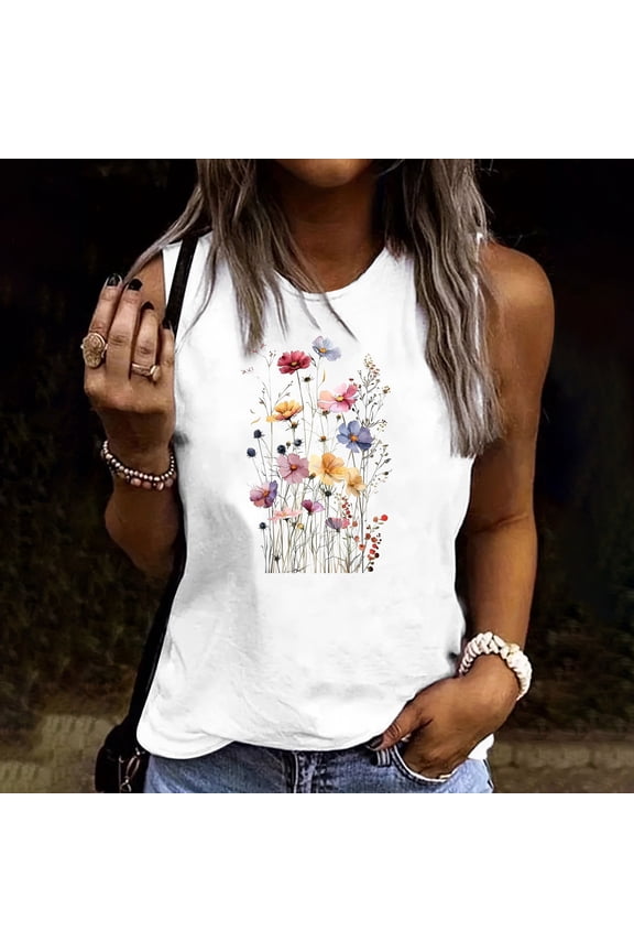 Women's Sleeveless Tank Top Vertical Floral Garden Print Loose Fit Casual Summer Wear Comfortable Breathable Fashion Top