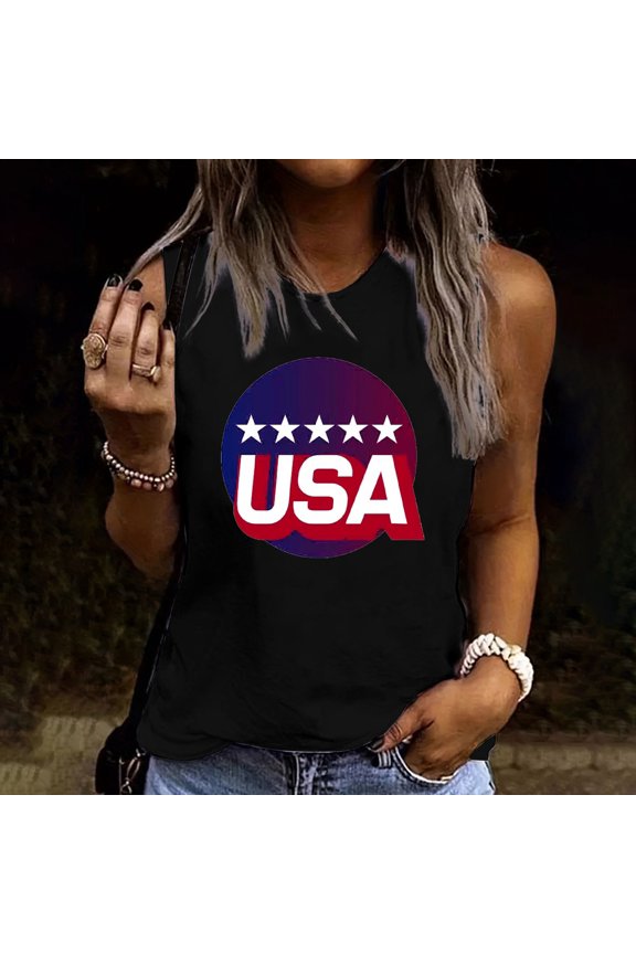 Women's Sleeveless Tank Top with Circular USA Logo and Stars, Modern Patriotic Design for Everyday Summer Wear