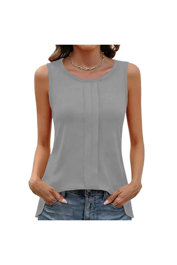 Women's Sleeveless Tank Tops Crew Neck Pleated Front Blouses Summer Casual Loose Fit Camisole Shirts Basic Shell Vest Flowy Tunic Top for Leggings