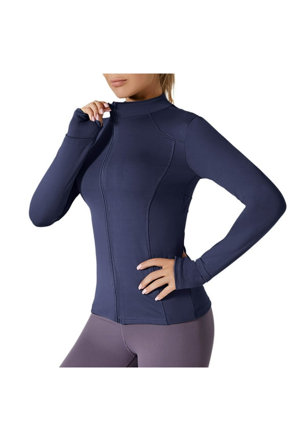 Women's Slim Fit Yoga Jacket High Neck Long Sleeve Full Zip Track Jacket Thumb Hole Muscle Fit Athletic Tops for Workout Gym Training