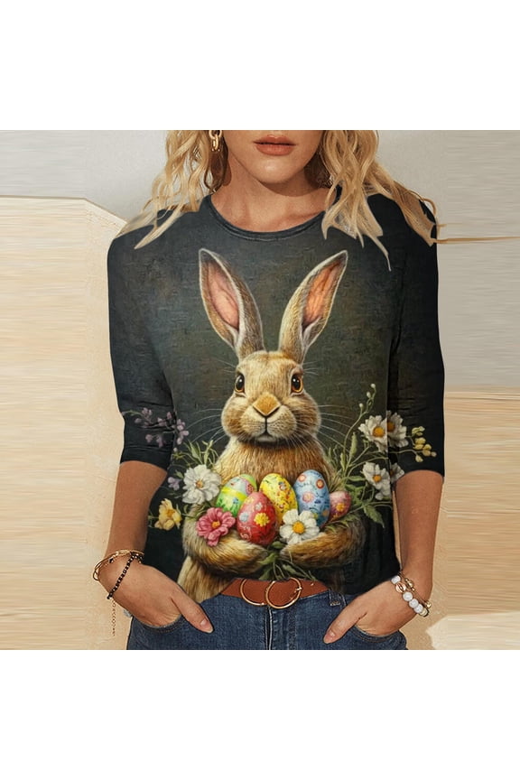 Women's Spring Easter Cross T-Shirt Vintage Floral Religious Pattern 3/4 Sleeve Holiday Casual Christian Faith Top
