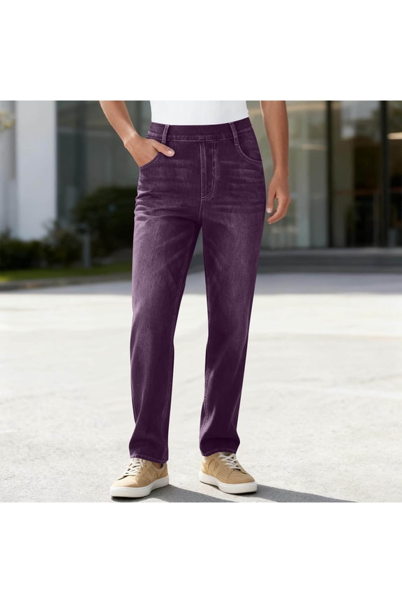 Women's Straight Leg Jeans Elastic Waist Full Length Pants Casual Stretchy Denim Pant Breathable Sport Cozy Streewear with Pockets