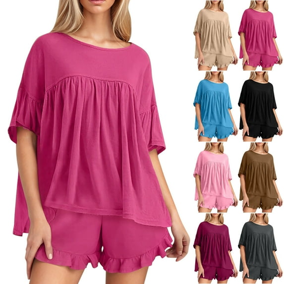 Xdegoge Women's Summer 2 Piece Outfits 2025 Ruffle Short Sleeve Tops and Shorts Casual Loose Oversized T-Shirts Lounge Sets Ladies' Loose Matching Sets Loungewear Fashion Clothes Conjunto Mujer