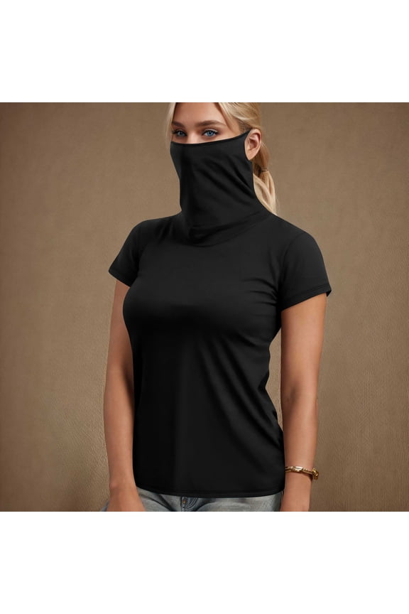 Women's Sun Protection T-Shirt with Built-in Face Mask Short Sleeve Slim Fit Quick-Dry Performance Tee Cooling Gaiter Top for Hiking & Running