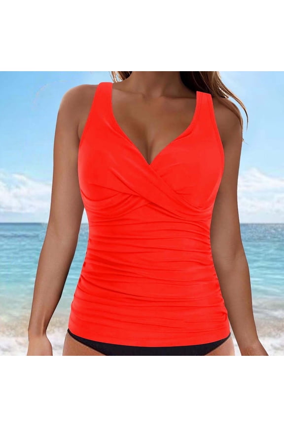Women's Tankini Tops Only Cross Front V Neck Tummy Control Swimwear Ruched Slimming Sleeveless Bathing Suit Tops Beachwear Built-in Padding