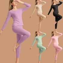 Xdegoge Women's Thermal Underwear Long Sleeve Crewneck Top & Long Johns Set Plus Size Thick Fleece Lined Sets Casual Solid Color Warm Stretchy Loungewear