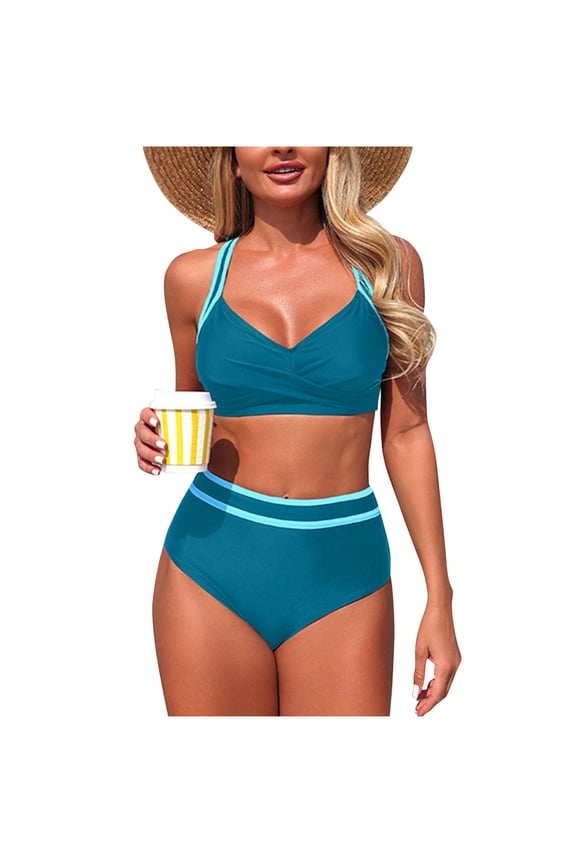 Women's Two Piece Bikini Set with Adjustable Straps, High-Waisted Bottom, Push-Up Top, Ruffle Trim, Modest Coverage, Ideal for Resort Vacation & Sunbathing