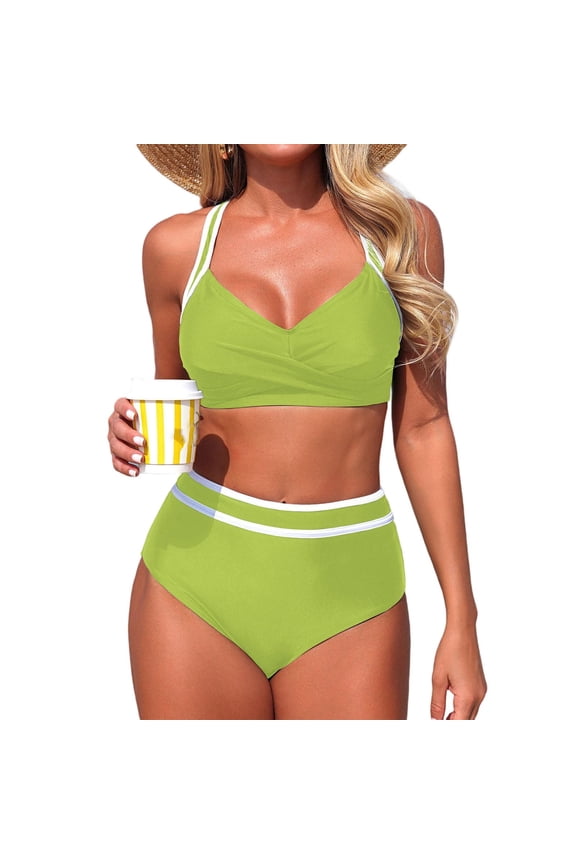 Women's Two Piece Bikini Set with Adjustable Straps, High-Waisted Bottom, Push-Up Top, Ruffle Trim, Modest Coverage, Ideal for Resort Vacation & Sunbathing