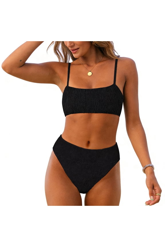 Women's Two Piece Bikini Set Crinkle Texture Square Neck 2 Piece Swimsuit High Waisted High Cut Cheeky Bathing Suit