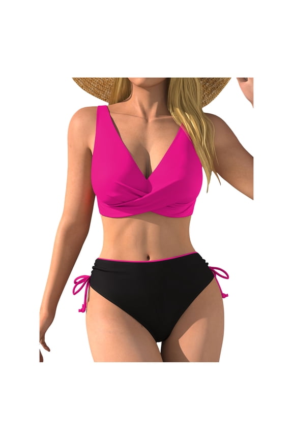 Women's Two Piece Bikini with Twisted Wrap Top & Side Tie Bottom, Contrasting Colors, Push-Up Effect, Great for Beach, Sunbathing or Pool Parties