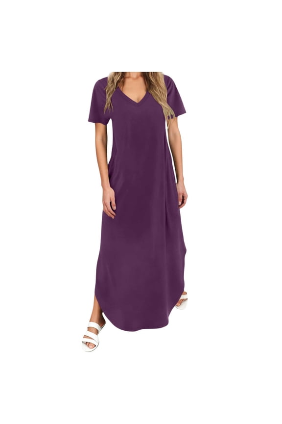 Women's V Neck Short Sleeve Maxi Dress Minimalist Design Loose Fit Comfortable All-Day Wear Breathable Summer Fashion Dress