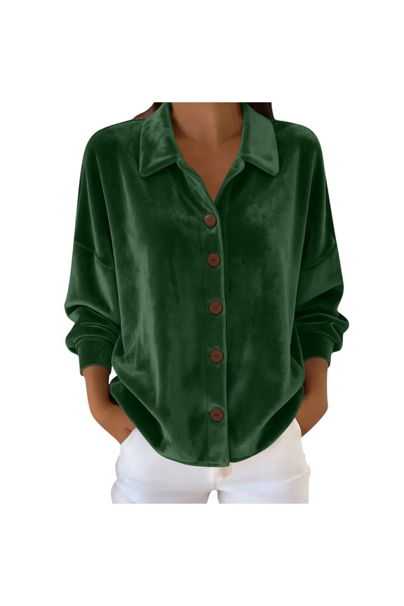 Women's Velvet Button Down Shirts Long Sleeve Collared Blouses Oversized Cardigan Jacket Soft Lightweight Warm Corduroy Tops for Fall Winter Daily