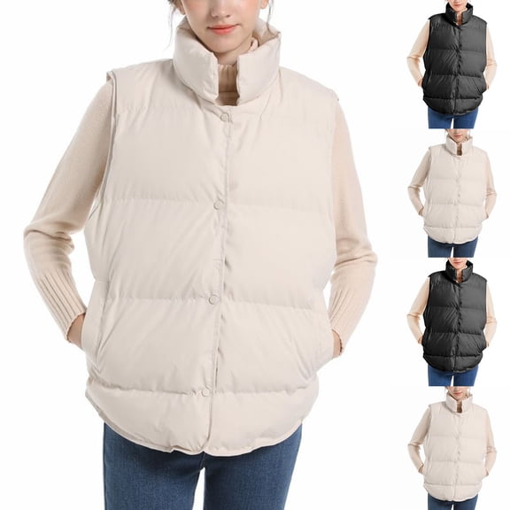 Xdegoge Women's Vest Fluffy Button Down Stand Collar Oversized Puffer Jackets with Pockets Plain Casual Comfort Sleeveless Winter Quilted Coat 2025 Fashion Thermal Outerwear