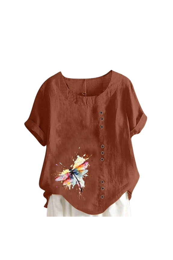 Women's Watercolor Dragonfly Tops Short Sleeve Round Neck Linen Blouses Button Decor Tunic Shirts Soft Lightweight Loose Fit Breathable for Daily