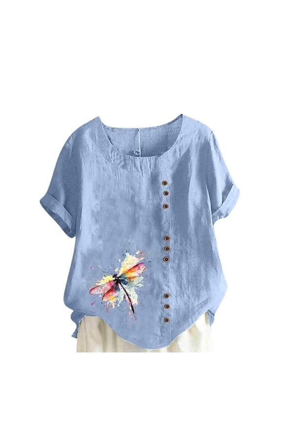 Women's Watercolor Dragonfly Tops Short Sleeve Round Neck Linen Blouses Button Decor Tunic Shirts Soft Lightweight Loose Fit Breathable for Daily