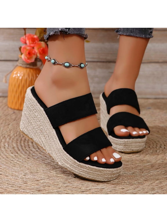Women's Wedge Sandals Two Strap Espadrille Open Toe Slip On Casual Shoes Non Slip Sole for Beach Trips Vacation Strolling Daily Errands Lightweight Breathable Footwear