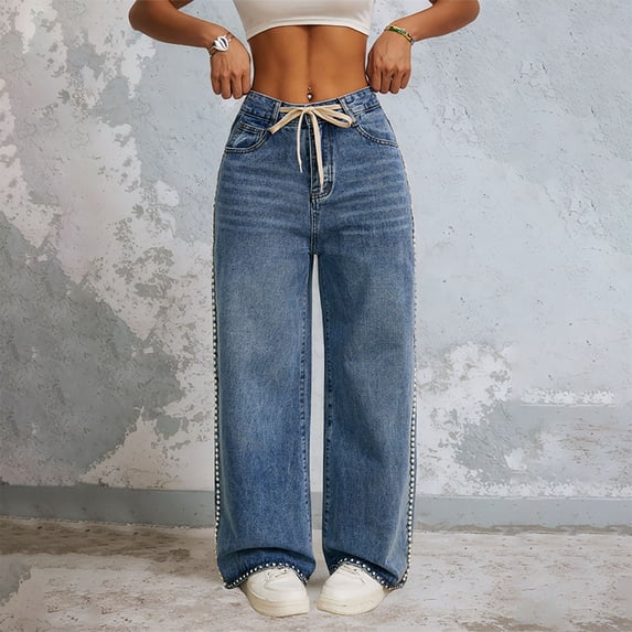 Xdegoge Women's Wide Leg Jeans Mid Rise Drawstring Adjustable Waist Pants Casual Loose Fashion Rhinestone Pant Trendy Sweet Streewear with Pockets