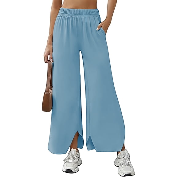 Xdegoge Women's Wide Leg Pants Dressy Casual Elastic Waist Flare Leggings with Pockets Flowy Lounge Wear Home Office Trousers