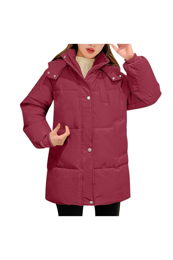 Women's Winter Padded Coat Zip Up Stand Collar Hooded Quilted Jackets with Pockets Mid-Length Solid Color Casual Baggy Windproof Down Coat 2025 Winter Trendy Warm Outerwear