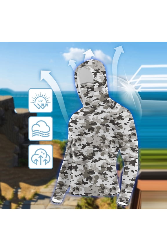 Women's Woodland Bark Print Sun Hoodie with Neck Warmer Long Sleeve Performance Tee Breathable Lightweight Fishing Shirt Outdoor Adventure Wear