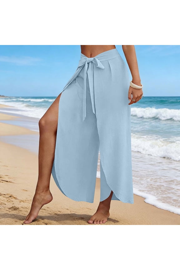 Women's Wrap Pants High Waisted Tie Front Wide Leg Split Hem Beach Cover Up Pants Lightweight Flowy Palazzo Pants for Vacation Resort