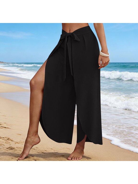 Women's Wrap Pants High Waisted Tie Front Wide Leg Split Hem Beach Cover Up Pants Lightweight Flowy Palazzo Pants for Vacation Resort