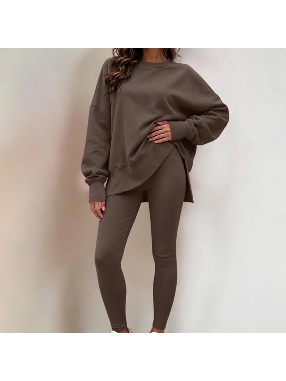 Womens 2 Piece Lounge Sets Oversized Crewneck Long Sleeve Drop Shoulder Tunic Sweatshirt and High Waisted Leggings Casual Fall Workout Tracksuit