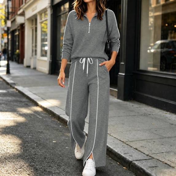 Xdegoge Womens 2 Piece Sweatsuits Half Zip Pullover Sweatshirt and Slit Wide Leg Pants Casual Lounge Sets Athletic Tracksuit