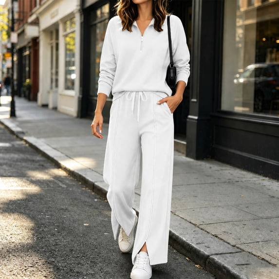 Xdegoge Womens 2 Piece Sweatsuits Half Zip Pullover Sweatshirt and Slit Wide Leg Pants Casual Lounge Sets Athletic Tracksuit
