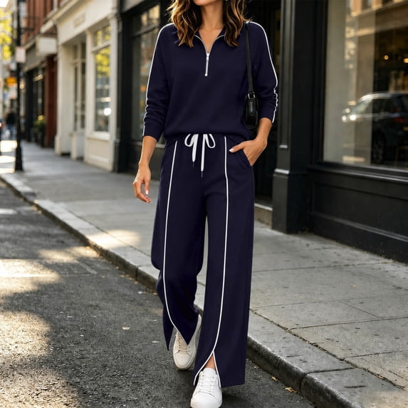 Xdegoge Womens 2 Piece Sweatsuits Half Zip Pullover Sweatshirt and Slit Wide Leg Pants Casual Lounge Sets Athletic Tracksuit