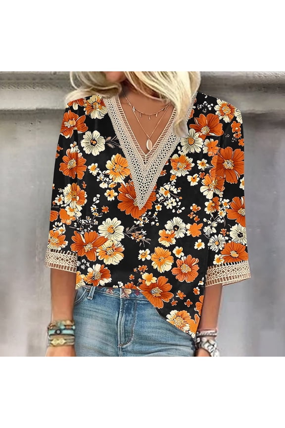 Womens 3/4 Sleeve T Shirts Floral V Neck T Shirts Tunic Fit Business Casual Tops Trendy Summer Tops 2025 Y2K Cute Boho Shirts ofertas En Orange 3Xl
